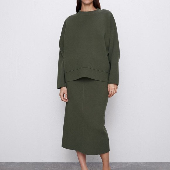 Zara Skirts | Zara Knit Skirt with Piping-Khaki-3597004 | Color: Green | Size: M | Dancingkp's Closet